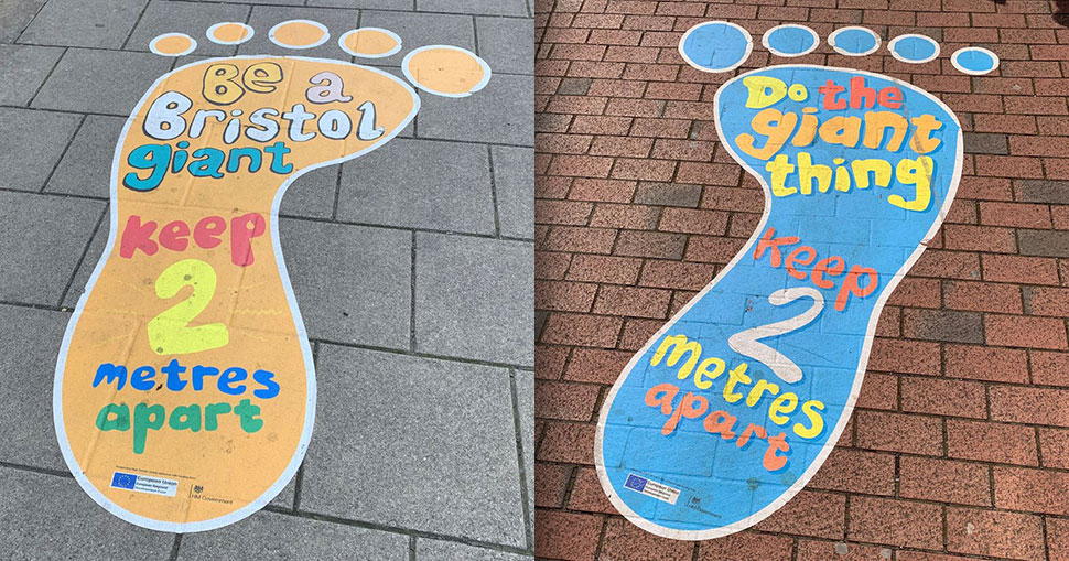 Bristol-based N3 Display Graphics used Drytac Polar Street FX to produce a series of creative floor graphics encouraging social distancing on streets across the city.